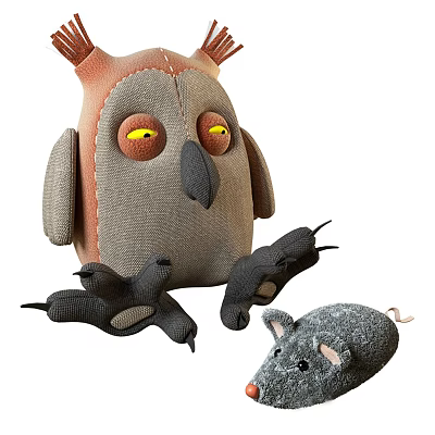 Gray Owl Plush Toy with Orange Head Yellow Eyes and Small Gray Mouse Plush Toy 3d model