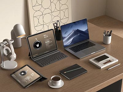 Modern Office Desk Setup With Laptop And Tablet Headphones Lamp Stationery And Coffee Cup 3d model