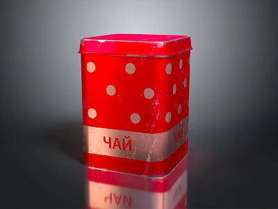 Red Metal Commercial Tea Storage Tin With White Polka Dots Design 3d model