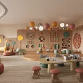 Colorful Children's Playground With Hanging Balls Circular Designs And Cozy Seating Areas