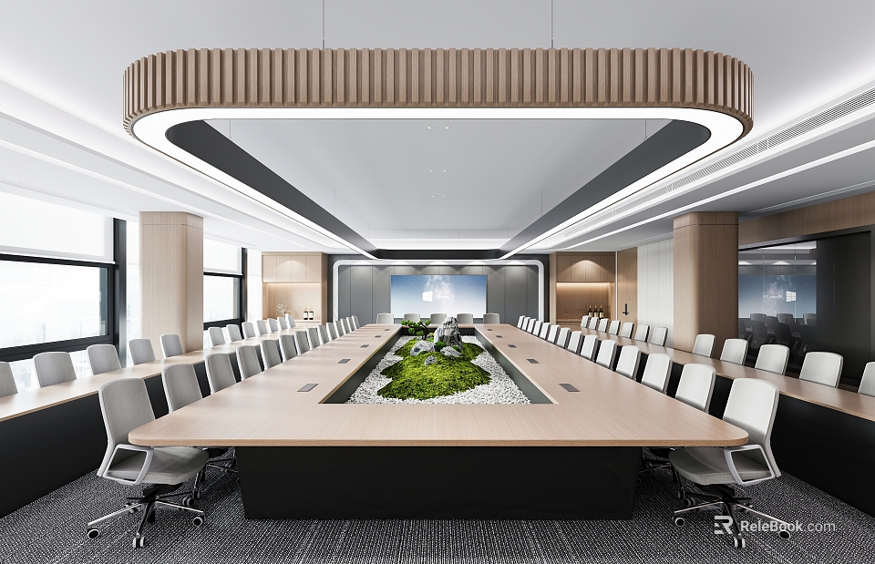 Modern Conference Room Interior With Long Wooden Table Ergonomic Chairs Central Green Plant And Circular Ceiling Light 3d model 