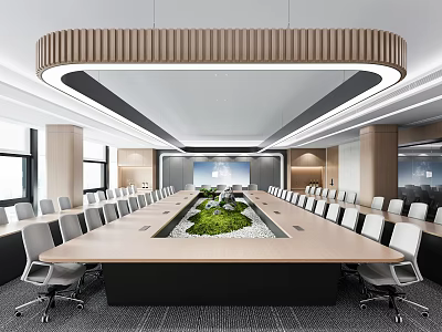 Modern Conference Room Interior With Long Wooden Table Ergonomic Chairs Central Green Plant And Circular Ceiling Light 3d model