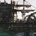 Vintage Paddle Wheel Ship On Water With Large Wheels Flags Cloudy Sky And Flying Bird