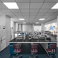 Modern Lab Interior With Workbenches Equipment Chairs Refrigerator Windows And Ceiling Lights 3d model