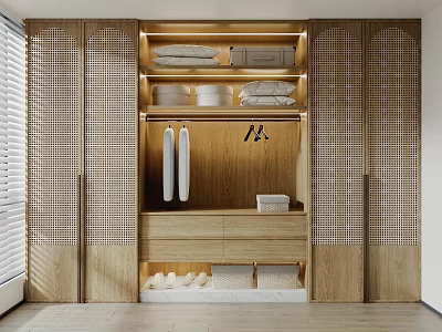 Modern Wooden Wardrobe Design With Lattice Panels Hanging Storage And Shoe Compartment 3d model