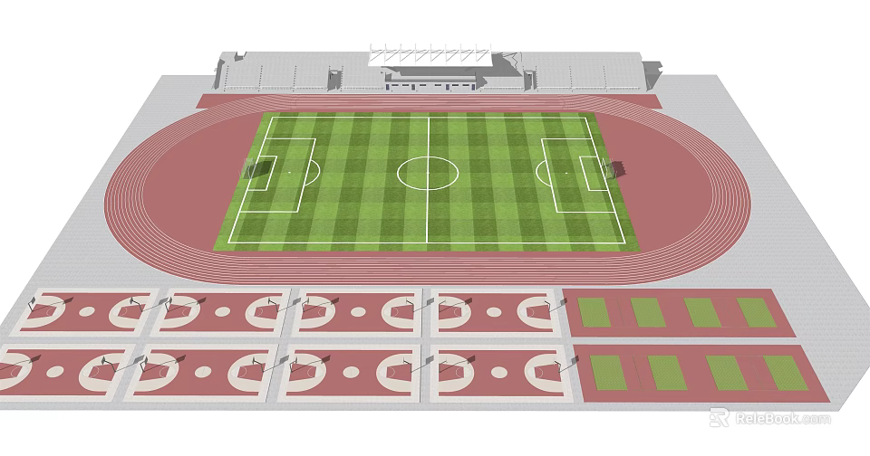 Football Field With Green Grass Pitch Red Running Track And Spectator Stands 3d model 