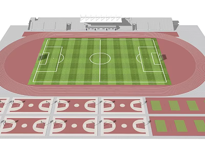 Football Field With Green Grass Pitch Red Running Track And Spectator Stands 3d model