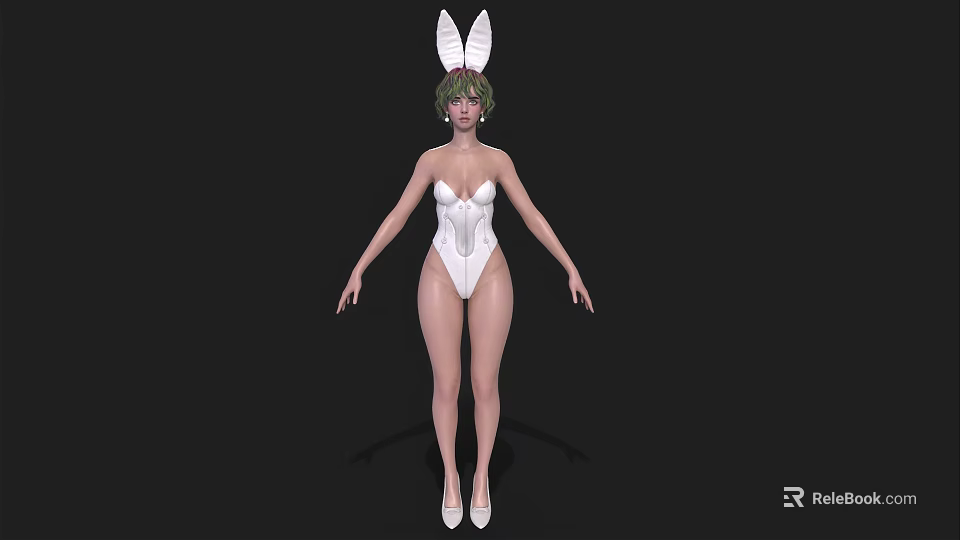 Woman With Green Hair Wearing White Bodysuit And Rabbit Ears On Black Background 3d model 