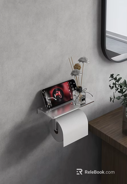 Modern Bathroom Sink Area With Gray Wall Round Mirror Shelf Aromatic Sticks Dried Flowers And Green Plant 3d model 