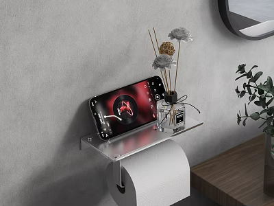Modern Bathroom Sink Area With Gray Wall Round Mirror Shelf Aromatic Sticks Dried Flowers And Green Plant 3d model