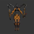 Futuristic Woman in Mechanical Armor with Multiple Cybernetic Arms and Weapons