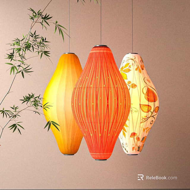 Colorful Hanging Lanterns With Yellow Orange And Leaf Pattern Design And Bamboo Leaves 3d model 