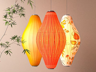 Colorful Hanging Lanterns With Yellow Orange And Leaf Pattern Design And Bamboo Leaves 3d model