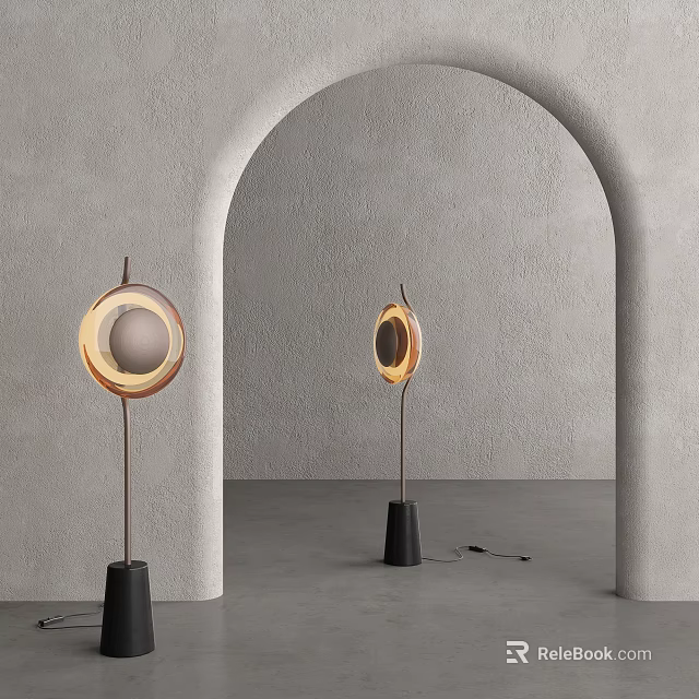 Modern Floor Lamps with Round Lampshade Metal Stand Black Base and Gray Wall Arch Background 3d model 