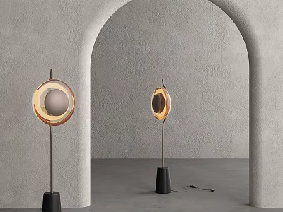 Modern Floor Lamps with Round Lampshade Metal Stand Black Base and Gray Wall Arch Background 3d model