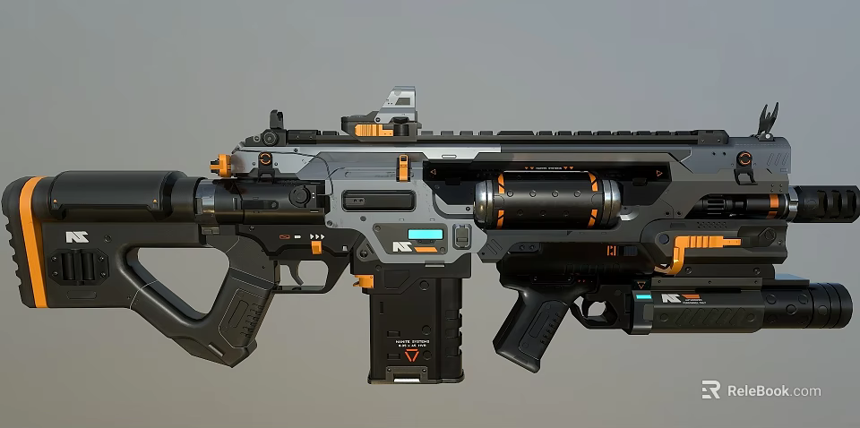 Futuristic Tactical Rifle With Black Orange Accents Mechanical Structure Barrel Magazine Scope Grip 3d model 