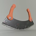 Household Cutting Tool With Orange Wooden Handles And Curved Metal Blade