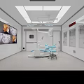 Modern Dental Clinic Interior With Blue Chair Medical Equipment And Wall Displays