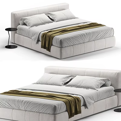 Modern Upholstered Double Bed With White Frame Headboard Brown Blanket White Sheets And Black Nightstand 3d model