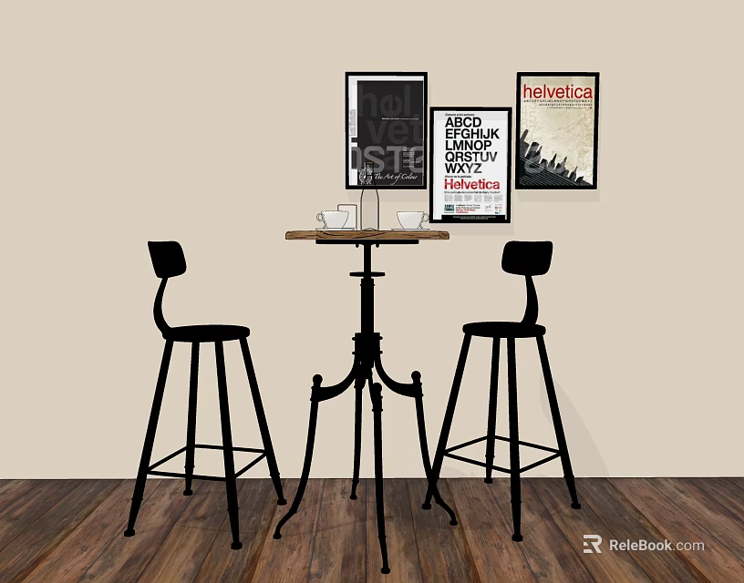 Wooden Bar Counter With Two Black Stools And Wall Posters On Wooden Floor 3d model 