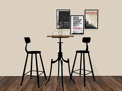 Wooden Bar Counter With Two Black Stools And Wall Posters On Wooden Floor 3d model