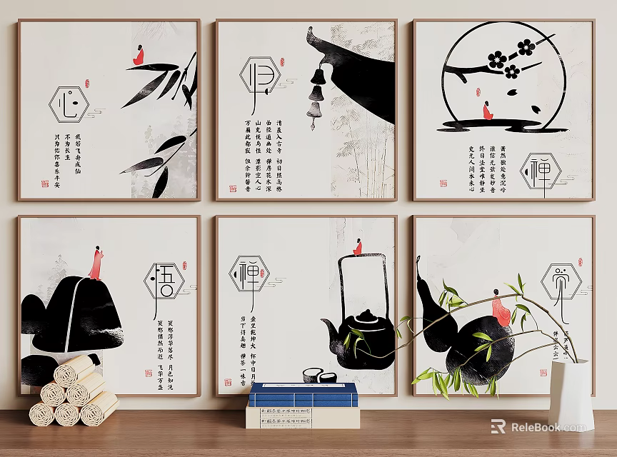 Chinese Style Black And White Plant Paintings With Bamboo Plum Blossoms Red Accents And Calligraphy 3d model 