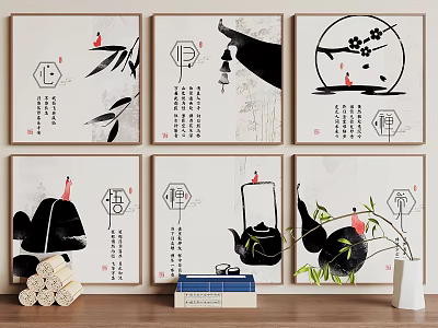 Chinese Style Black And White Plant Paintings With Bamboo Plum Blossoms Red Accents And Calligraphy 3d model