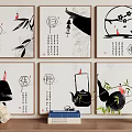 Chinese Style Black And White Plant Paintings With Bamboo Plum Blossoms Red Accents And Calligraphy