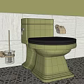 Olive Green Toilet With Black Seat Gray Tiled Wall And Colorful Patterned Floor Tiles