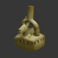 Ancient Ceramic Sculpture With Animal Head Tall Cylindrical Neck And Square Base