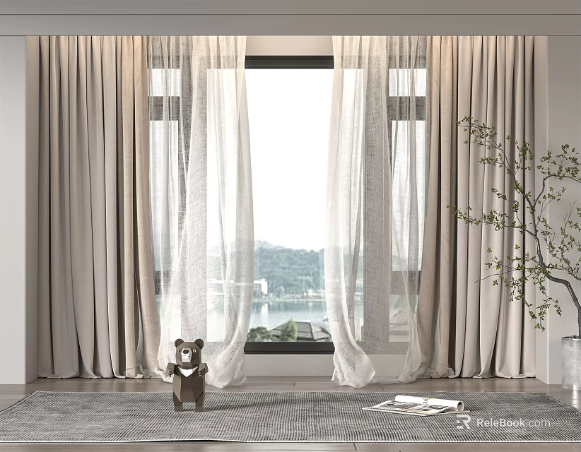 Beige Linen Curtains in Bright Living Room with Lake View and Natural Light 3d model 