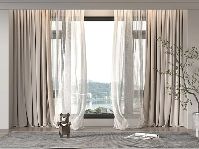 Beige Linen Curtains in Bright Living Room with Lake View and Natural Light 3d model
