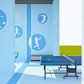 Blue Themed Indoor Sports Fitness Area With Ping Pong Table And Yellow Equipment