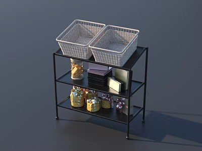 Functional Display Shelf with Two Woven Baskets Golden Jars and Stacked Items 3d model
