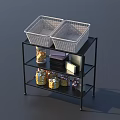 Functional Display Shelf with Two Woven Baskets Golden Jars and Stacked Items 3d model