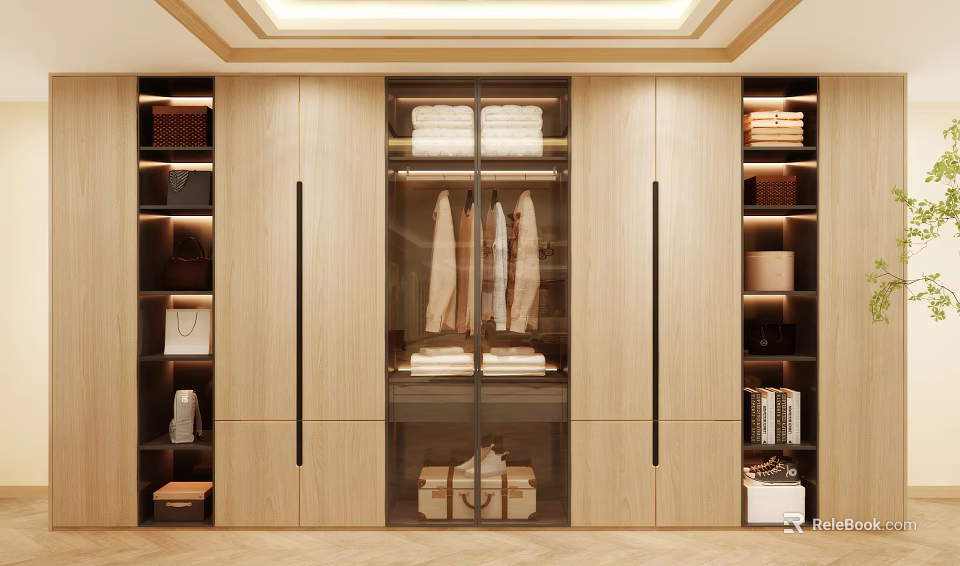 Modern Wooden Wardrobe With Glass Door Clothing Storage Hanging Garments Folded Clothes 3d model 