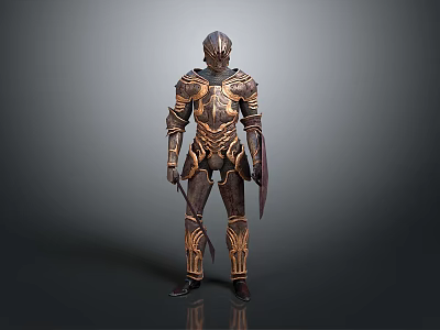 Full Body Medieval Knight Armor With Ornate Metallic Design And Golden Accents 3d model
