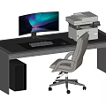 Modern Office Desk With Curved Monitor Starry Screen Keyboard Mouse Multifunction Printer Gray Office Chair