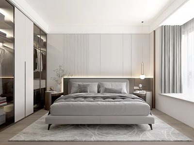 Modern Bedroom Interior With Gray Bed Vertical Striped Headboard Nightstands Table Lamps And Glass Wardrobe 3d model
