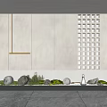 Modern Courtyard Garden Featuring Lattice Wall Gray Cabinetry Stones Moss Round Lanterns And Warm Lighting
