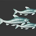 Three Turquoise Fish With White Stripes Swimming On Dark Background With Reflections