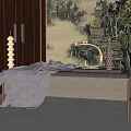 Light Beige Minimalist Sofa Bench With Gray Blanket And Chinese Landscape Wallpaper Decor