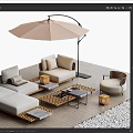 Elegant Rattan Outdoor Sofa with Parasol Coffee Table and Cushions on Wooden Floor