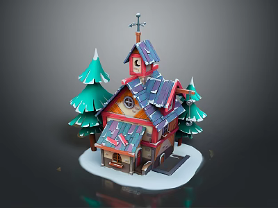 Cartoon Winter Cottage Scene With Red Blue Roof Snow Green Pine Trees And Weather Vane 3d model
