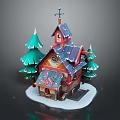 Cartoon Winter Cottage Scene With Red Blue Roof Snow Green Pine Trees And Weather Vane