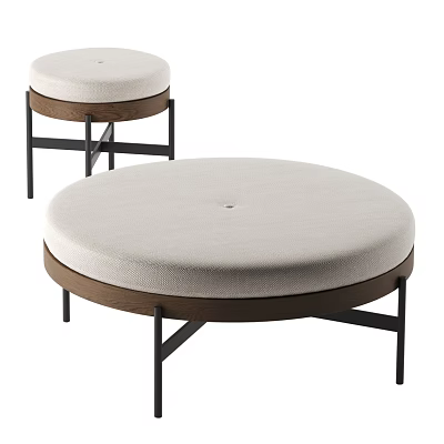 Two Round Upholstered Light Colored Ottomans with Wooden Frame and Black Metal Legs 3d model