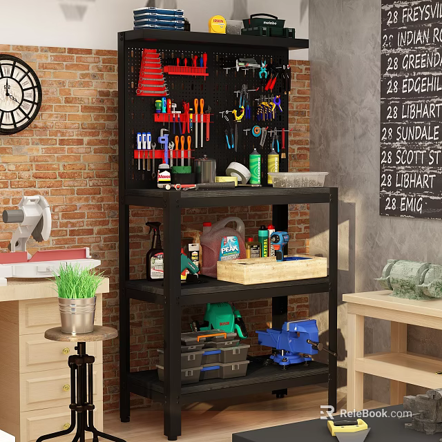 Functional Desk With Organized Tool Storage Multi Tier Shelves And Workshop Tools 3d model 