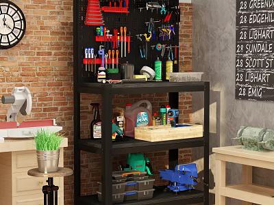 Functional Desk With Organized Tool Storage Multi Tier Shelves And Workshop Tools 3d model