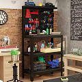 Functional Desk With Organized Tool Storage Multi Tier Shelves And Workshop Tools 3d model