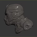 Metallic Head Sculpture Featuring Futuristic Mask Design Detailed Texture and Reflective Surface